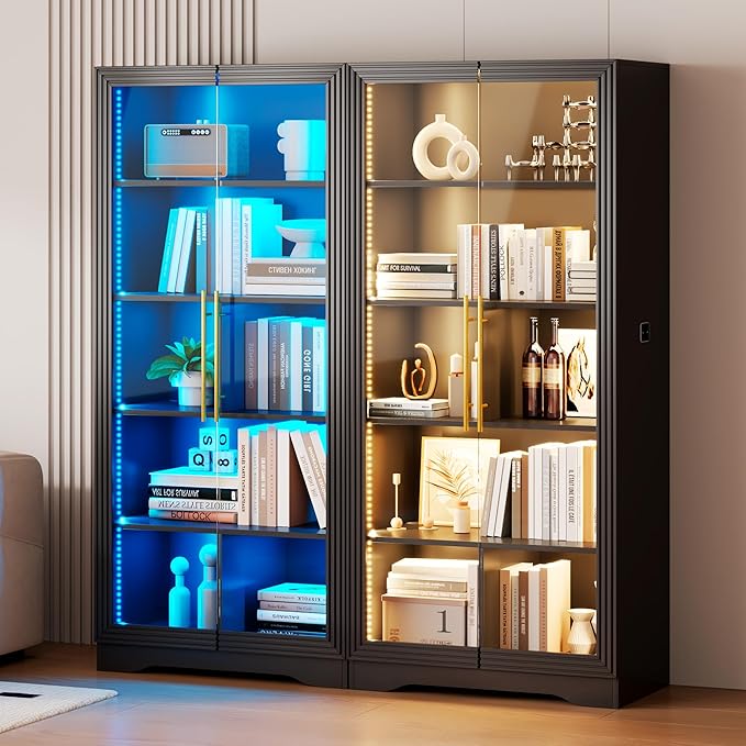 Vlsrka 65" File Cabinet, Filing Cabinets Fit Letter/A4 Size, Storage Cabinet with Doors & Lights, Tall File Bookcase with 2 Adjustable Shelves for Home Office, Living Room, Black