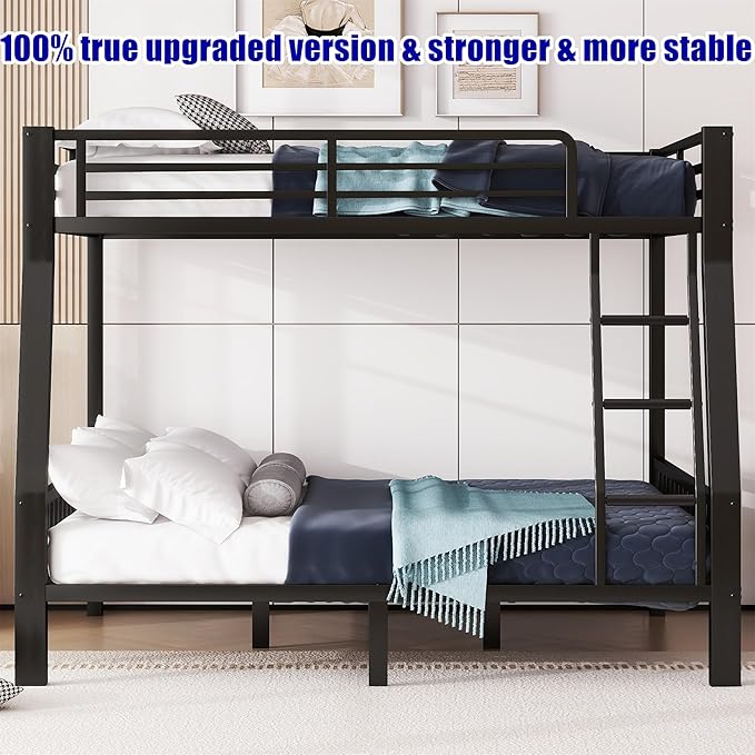 Higher Quality & Stronger Metal Full XL Over Queen Bunk Bed, Thickened Heavy Duty More Stable Safer Black Steel Bunkbed Bunk Queen Bed (Easier to Assemble) (Full XL Over Queen)