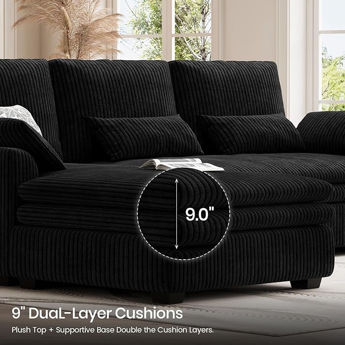 Belffin Large Modular Sectional Sofa with Deep Chaise, 104" Corduroy L Shaped Couch with 9" Soft Dual-Layer Seats Cushion for Living Room, Apartment, Black