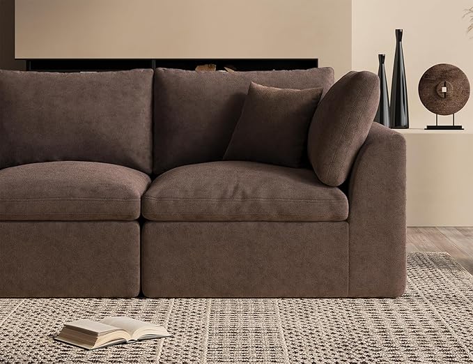 110" Cloud Sectional Couches for Living Room, Boneless U Shaped Couch with Ottoman, 3 Seater Modular Sectional Sofa, Brown