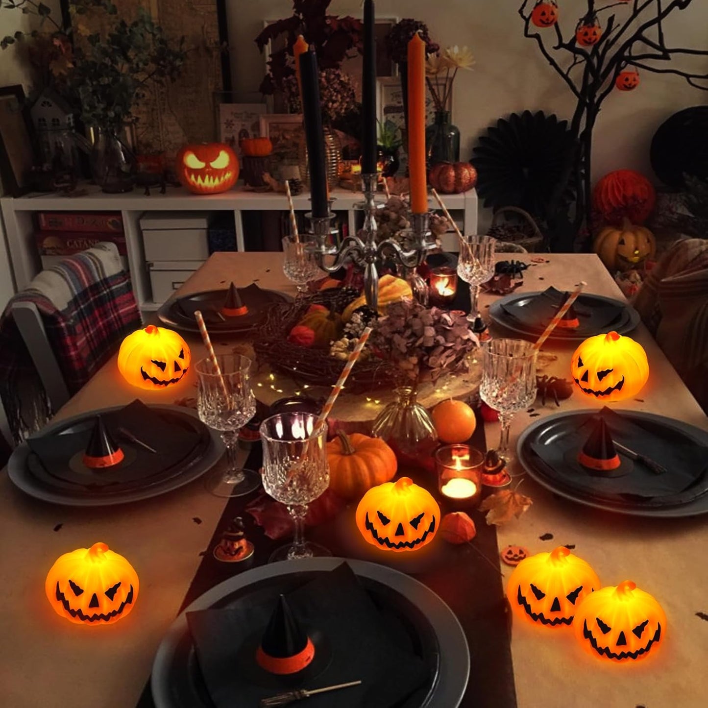 6 Pack Halloween Pumpkin Flameless Candles Battery Operated LED Tealight Candles for Home Room Decorations, Light Up Halloween Decorations Indoor for Table Party Office Fireplace