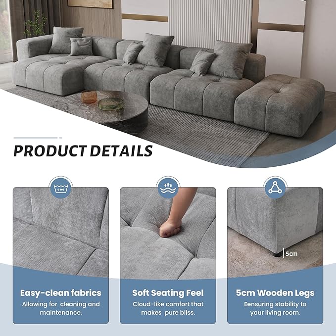 WJShome 119" L Shaped Sectional Couch,Modern Modular Sofa with Ottoman,Linen Deep Loveseat with Pillows Couches for Living Room, Bedroom and Apartment,Gray