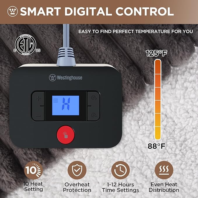 Westinghouse Electric Blanket Full Size, Super Cozy Luxury Faux Fur & Sherpa Heated Blanket with 10 Heating Levels & 1-12 Hours Auto Off, Fast Heating Blanket, Machine Washable, 80x 84 Inch Charcoal