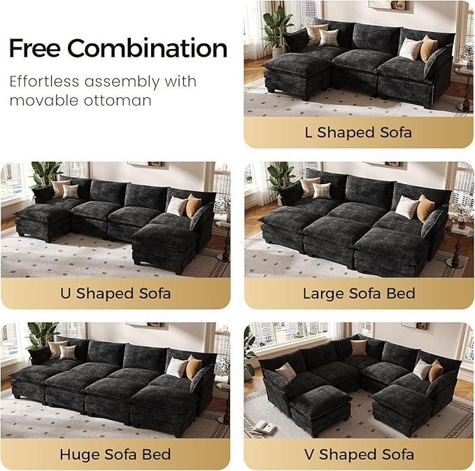 KKL 91.3" Large Modular Sectional Sofa Bed, 6 Seater Convertible J/L-Shaped Sleeper Cloud Couch with Ottoman, Chenille Sectional Couches for Living Room, Apartment, Black