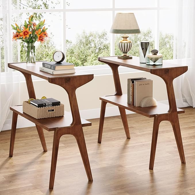 Tribesigns Wood End Table, Farmhouse Narrow Side Table with Storage Shelves, 2-Tier Slim Couch Side Table for Living Room, Long Bedside Table for Bedroom, Small Spaces, Rustic Brown
