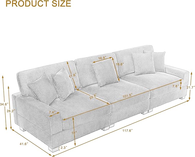 Modular Sectional Couches for Living Room, 118" Modern Upholstered 3-Seater Sofa Couche for Living Room Bedroom, Beige