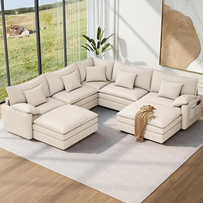 Vesgantti 108" V-Shaped Corner Couch Sectional, 7 Seat Customizable Modular Cloud Couches with Movable Ottoman, Corduroy Deep Seat Sofa Set with Chaise for Living Room, Bedroom and Apartment, Beige