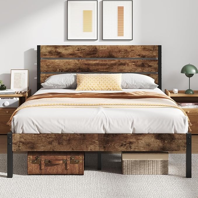 Queen Bed with Headboard and Footboard, with Under Bed Storage, All-Metal Support System, No Box Spring Needed, Easy Assembly, Vintage Brown