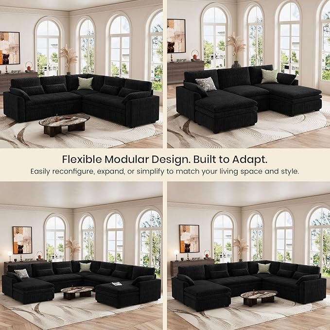 Belffin Large Modular Sectional Sofa with Deep Chaise, 104" Corduroy L Shaped Couch with 9" Soft Dual-Layer Seats Cushion for Living Room, Apartment, Black