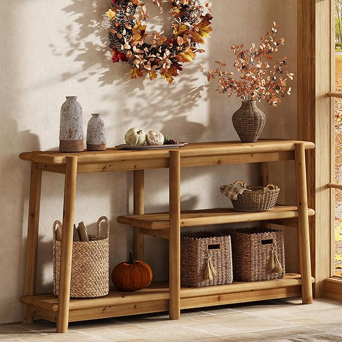 LITTLE TREE Solid Wood Console Table, 63-Inch Farmhouse Sofa Table Behind Couch, 3-Tier Entryway Table with Storage, for Living Room, Hallway in Warm Wood Color