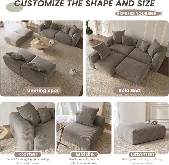 Oversized Modular Sectional Sofa with Ottomans,8 Seater Corduroy V Shaped Reversible Corner Couch,181.73" Convertible Sofa & Couch Free Combination for Living Rooom,Brown