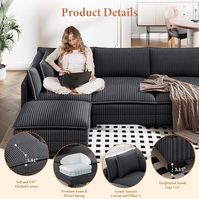 Vesgantti 109" U Shaped Cloud Sectional Sofa, Comfy Corduroy Upholstered Sectional Modular Sofas for Living Room, Modern Modular Couch with 2 Ottoman Deep Seat, Dark Grey