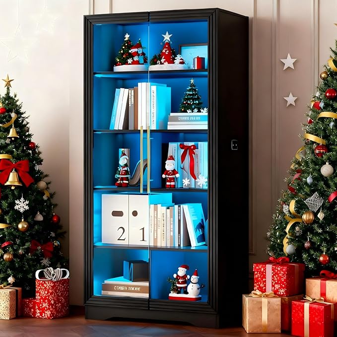 Vlsrka 65" File Cabinet, Filing Cabinets Fit Letter/A4 Size, Storage Cabinet with Doors & Lights, Tall File Bookcase with 2 Adjustable Shelves for Home Office, Living Room, Black