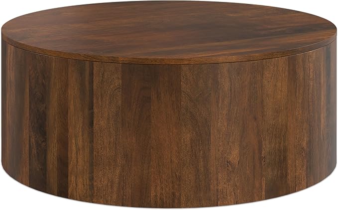 SIMPLIHOME Millbury Drum Coffee Table - 36 inch Wide Solid Mango Wood Round Living Room Table in Walnut Brown, Contemporary Cocktail Table for Family Room or Lounge with Large Surface, Assembled
