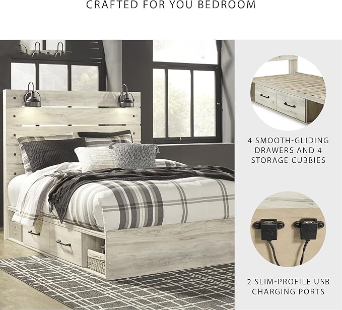 Signature Design by Ashley Cambeck Farmhouse Queen Panel Platform Bed with 4 Storage Drawers, Cubbies, Sconce Lights and USB Ports, Foundation or Box Spring Not Needed, Whitewash