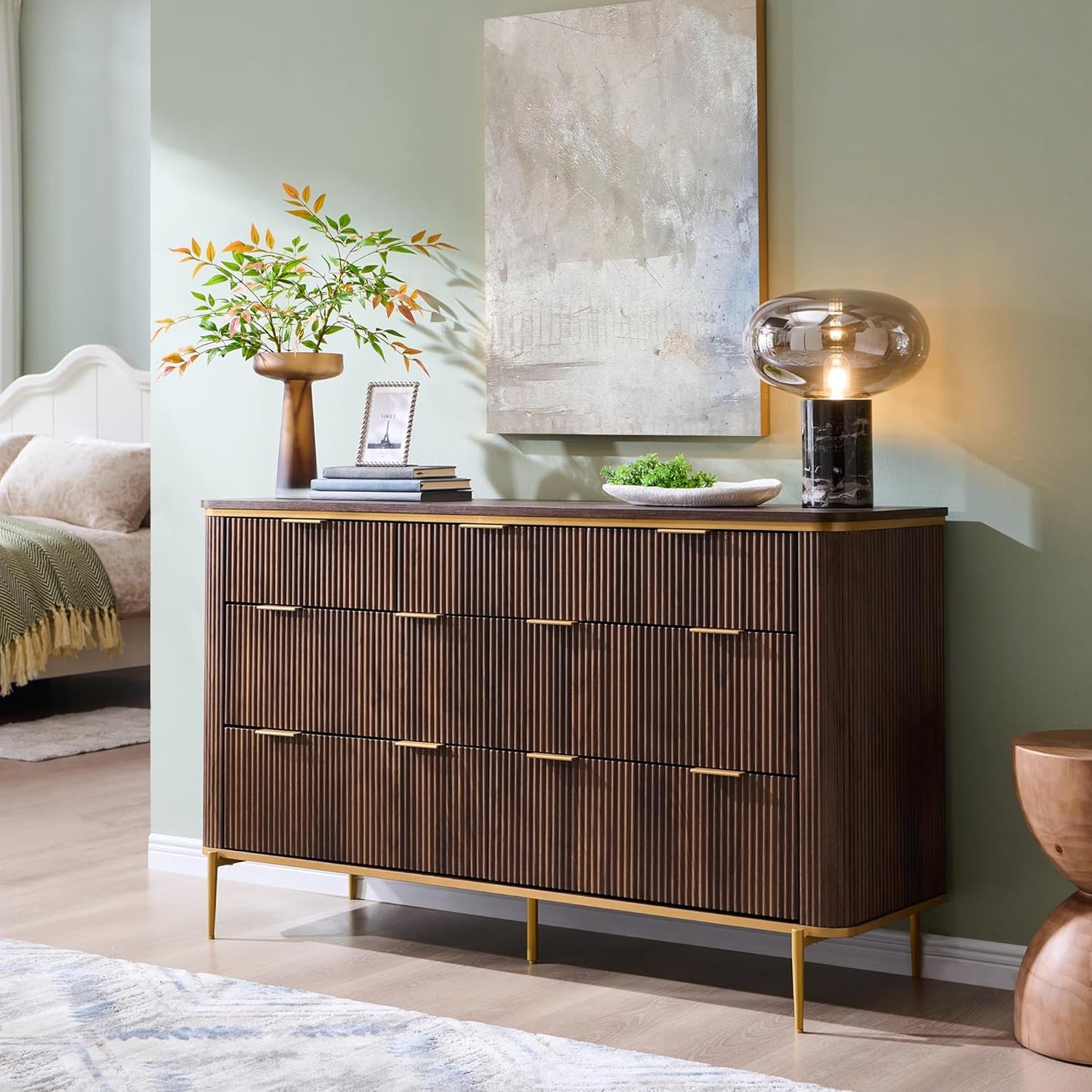 T4TREAM Fluted 7 Drawers Dresser for Bedroom, 54" Wide Modern Dresser TV Stand, Gold Accents, Fluted Fronts, Wood Storage Dressers Organizer for Bedroom, Living Room, Dark Walnut