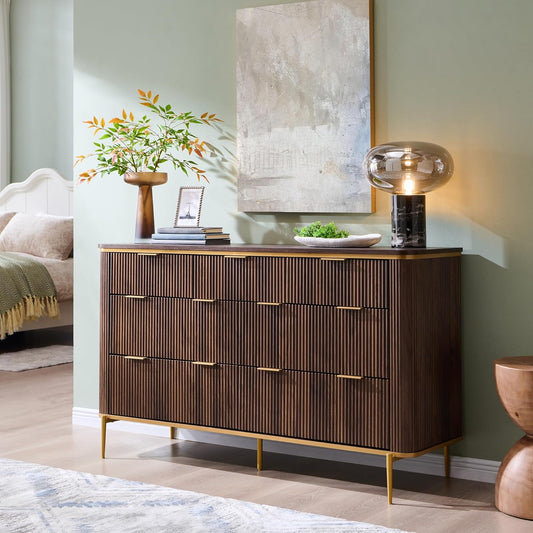 T4TREAM Fluted 7 Drawers Dresser for Bedroom, 54" Wide Modern Dresser TV Stand, Gold Accents, Fluted Fronts, Wood Storage Dressers Organizer for Bedroom, Living Room, Dark Walnut