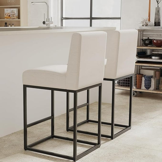 27" Height Cream Fabric Bar Stools Set of 2 Counter Height Stools with Back and Footrest for Kitchen Modern Metal Barstools, Linen Upholstered Farmhouse Bar Chairs Island Stool