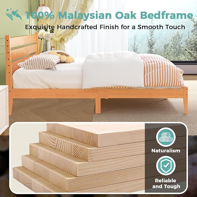 Solid Wood Queen Bed Frame, Malaysian Oak Platform Bed with Ladder Headboard, Modern Bedframe with Elevated Bed Legs, No Box Spring Needed, Noise-Free, Queen Size, Rustic Pine