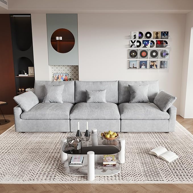 JACH Sectional Couches for Living Room, 3 Seater Cloud Sectional Couch with Deep Seat, Down Filled Modular Sofa, Covers Removeable & Washable, Sofas Furniture for Living Room, Light Grey