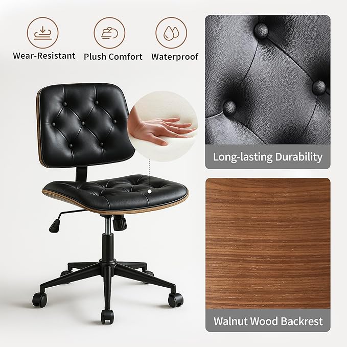 Small Home Office Chair – Armless Mid-Back Desk Chair with PU Leather, Adjustable Height, Swivel Wheels, Modern Walnut Legs for Small Spaces, Black
