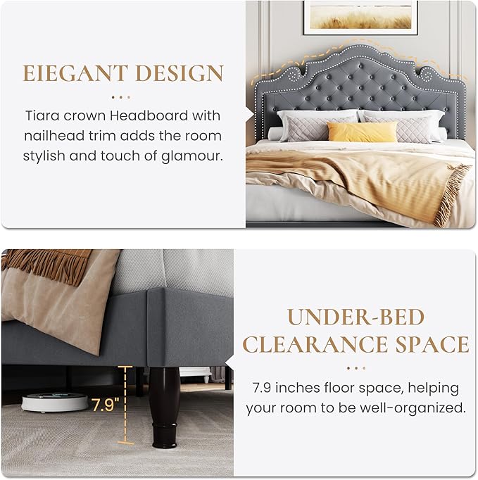 SHA CERLIN Queen Bed Frame with Adjustable Headboard/Velvet Upholstered/Diamond Button Tufted and Metal Studs/No Box Spring Needed/Wooden Slat Support/Easy Assembly/Light Grey