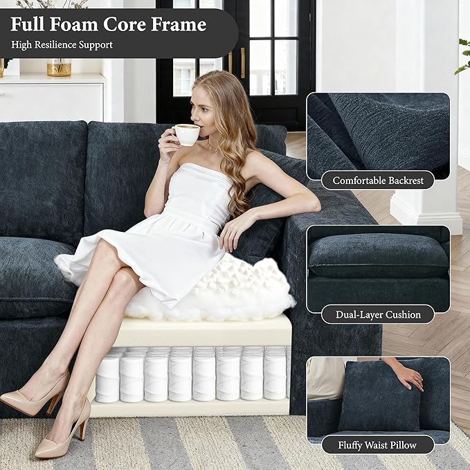 108" Sectional Couches for Living Room Boneless Couch Upholstered Cloud Couch Sectional Modular Sectional Sofa with L Shaped (Chenille-Blue, 3 Seat+1 Ottoman)