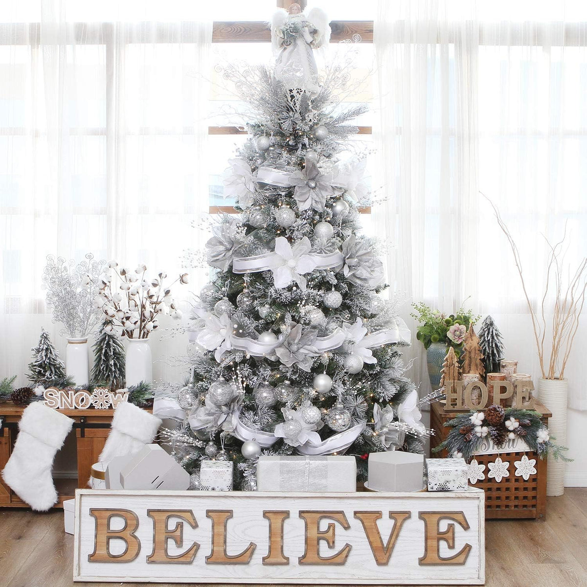 Sea Team 50mm/1.97" Shatterproof Clear Plastic Christmas Tree Ball Ornaments Set, Decorative Hanging Transparent Xmas Baubles with Stuffed Delicate Decorations (30 Counts, Silver)
