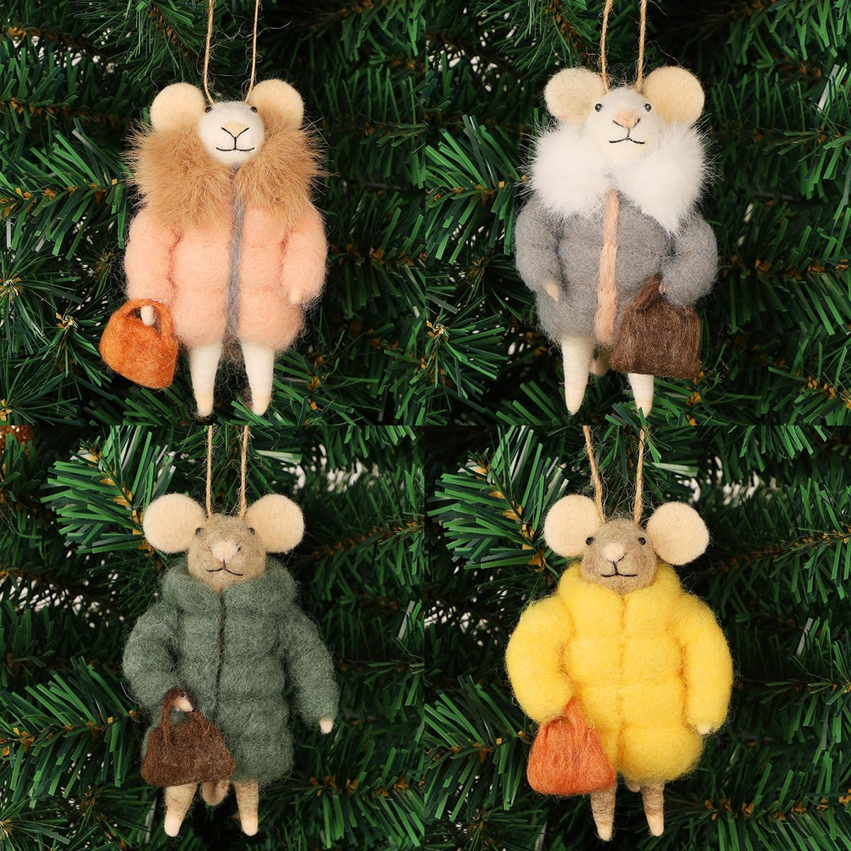 Set of 4 Christmas Felt Mice Ornaments, 4.7" Mini Hanging Wool Fashionable Mouse Figurines, Tiered Tray Tabletop Decor, Animal Crafts Cute Xmas Tree Holiday Easter Gifts Home Office Party Supply
