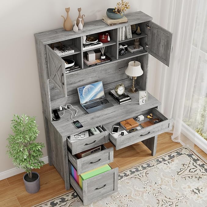 Farmhouse 67" H Executive Desk with Hutch,Computer Desk with 4 Drawers and LED light, Office table with Storage Cabinet & File Drawers and Charging Station,Workstation for Home Office and Study(Grey)
