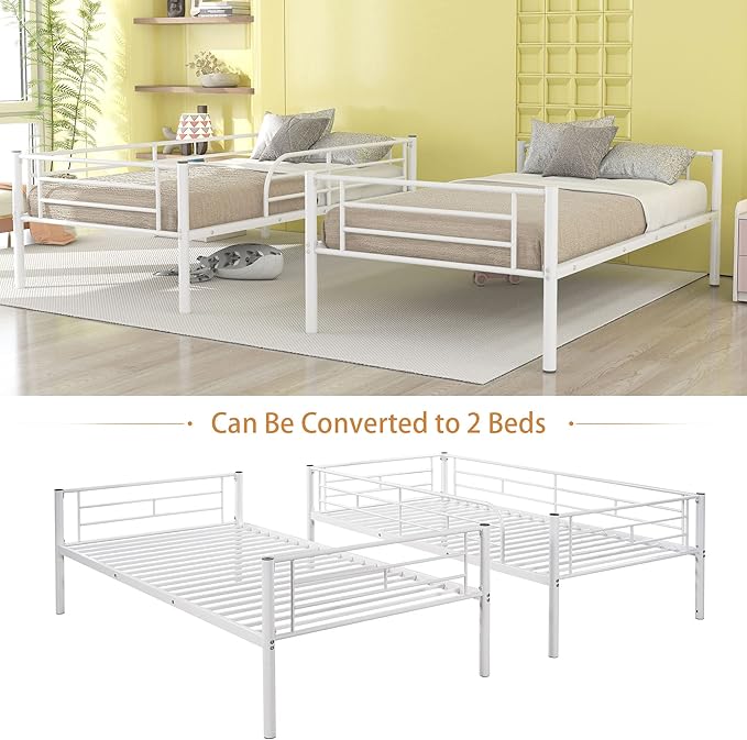 Merax Metal Bunk Bed, Bunk Bed with Ladder and high Guardrail, Able to Split, Under Bed Storage Space, Noise Free, Twin Over Twin Size, White