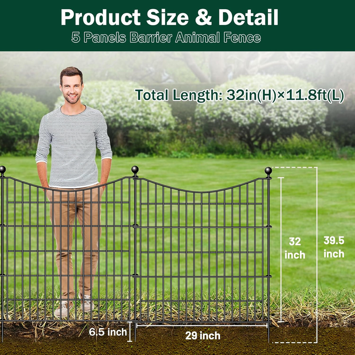 5 Panels No Dig Dog Fence Outdoor for Yard, 32 in(H) X 12 ft(L) Decorative Tall Garden Fence Animal Barrier, Rustproof Metal Wire Garden Edging and Borders, Temporary Fencing Stakes