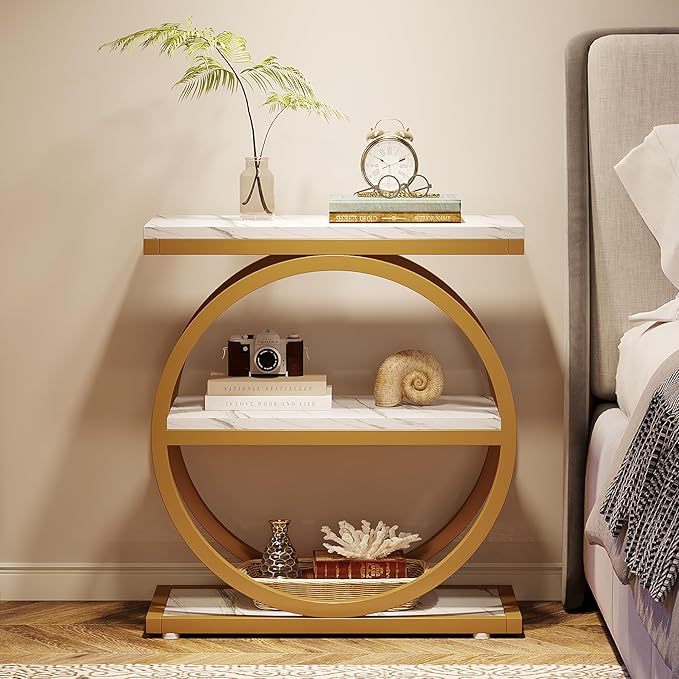 Tribesigns End Table with Storage Shelves, 3-Tier Wooden Industrial Sofa Side Table with Black Metal Frames for Living Room, Slim Nightstand and Bedside Table for Bedroom, White & Gold