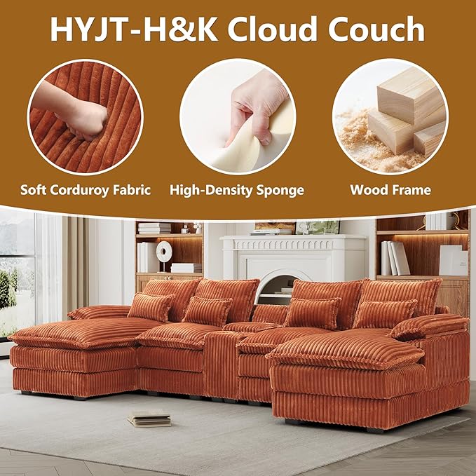 HYJT-H&K 124" U Shaped Cloud Couch Sectional, Comfy Fluffy Plush Corduroy Orange Sectional Couches for Living Room, Modern Modular Corduroy Couch Sectionals with Central Console & Double Chaise