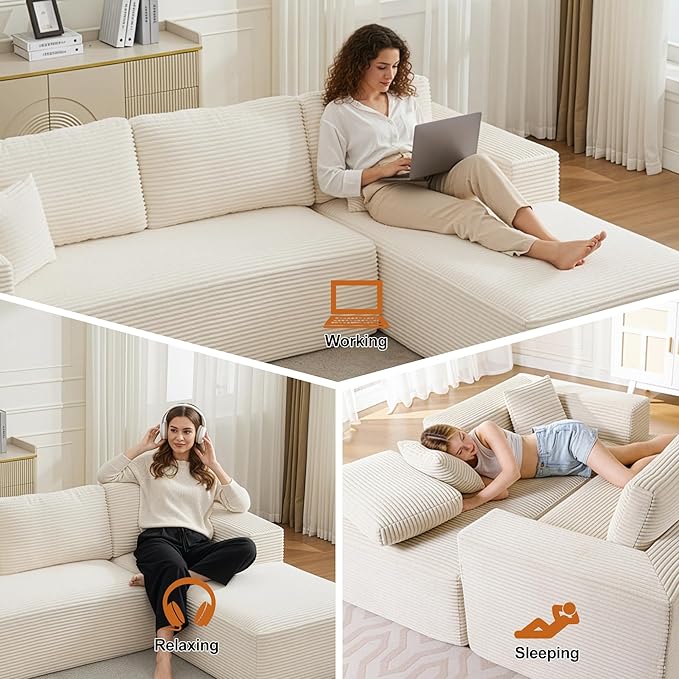Modular Sectional Cloud Couch for Living Room,Modern Boneless Couche Set with Plush Corduroy,Comfy Floor Sofa with Memory Foam,Stupendous U Shaped Sofa with Ottoman,No Assembly Required,Beige