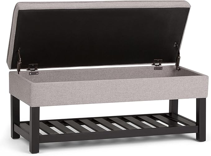 SIMPLIHOME Cosmopolitan Storage Ottoman Bench - 44 inch Wide Upholstered Linen Look Fabric Rectangle Storage Ottoman in Cloud Grey, Transitional Bench for Bedroom with Tufted Lift-Top and Open Shelf