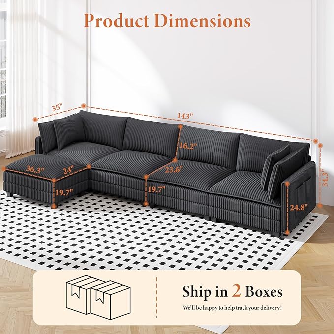Vesgantti 143" L Shaped Modular Sectional Sofa, Comfy Corduroy Upholstered Modular Sectional Couches for Living Room, Modern Cloud Couch with Ottoman Deep Seat, Dark Grey