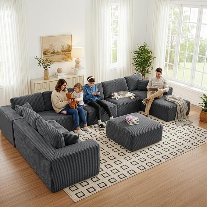 Modular Sectional Cloud Couch for Living Room,Modern Boneless Couche Set with Plush Corduroy,Comfy Floor Sofa with Memory Foam,Stupendous U Shaped Sofa with Ottoman,No Assembly Required,Grey