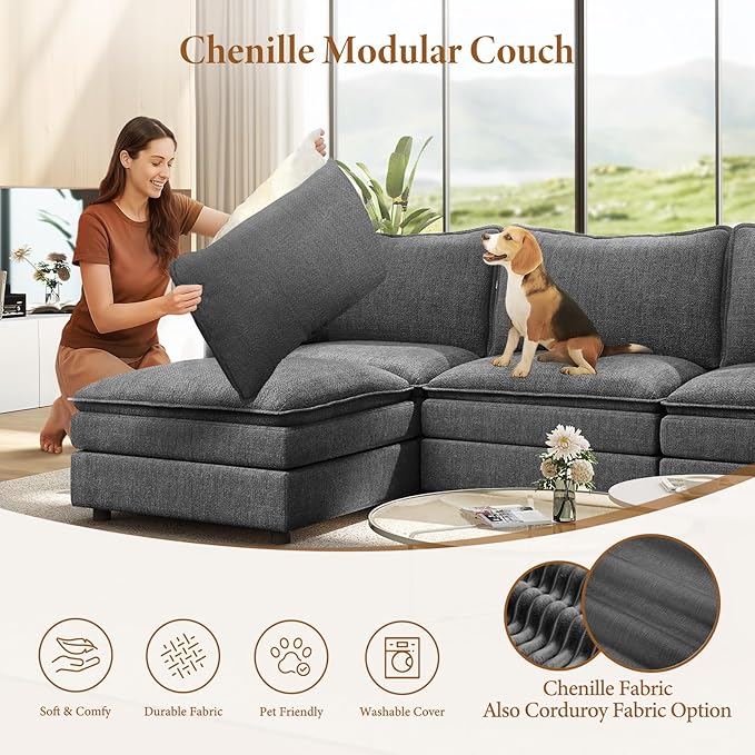 Vesgantti 142" U Shaped Sectional Couch, Comfy Cloud Modular Sectional Sofa with 2 Ottoman Deep Seat Chenille Modern Cloud Sofa, Modular Sofas for Living Room, Bedroom and Apartment, Gray