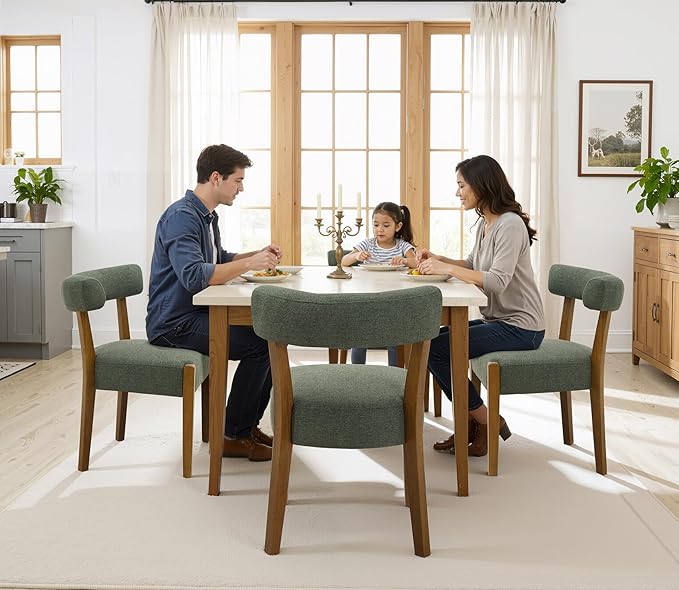 Modern Green Dining Chairs Set of 8, Walnut Upholstered Kitchen & Dining Room Chairs, Mid Century Modern Wooden Dining Chairs Oversized Sturdy Fabric Rounded Chairs Curved Back