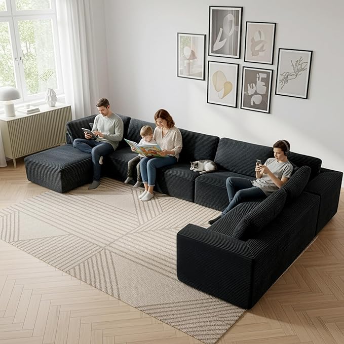 Modular Sectional Cloud Couch for Living Room,Modern Boneless Couche Set with Plush Corduroy,Comfy Floor Sofa with Memory Foam,Stupendous U Shaped Sofa with Chaise,No Assembly Required,Black