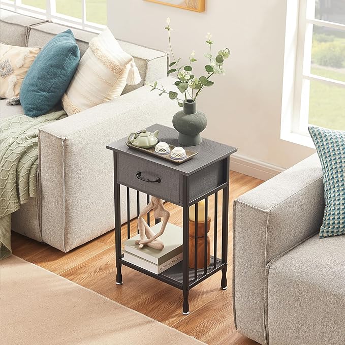 VECELO Nightstands, Industrial Side Table/End Tables with Drawer and Storage Shelf, Night Stands for Bedroom, Living Room, Wood Metal Furniture, Easy Assembly