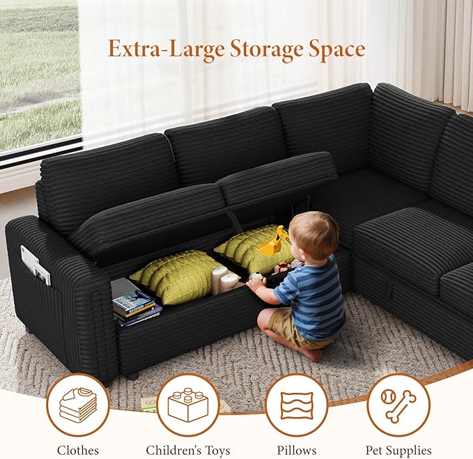 Vesgantti 88.4" Sectional Sleeper Sofa with Pull Out Bed, 5 Seater L Shaped Modular Sectional Couch with Storage, Comfy Corduroy Modular Couch for Living Room, Bedroom, Apartment, Black