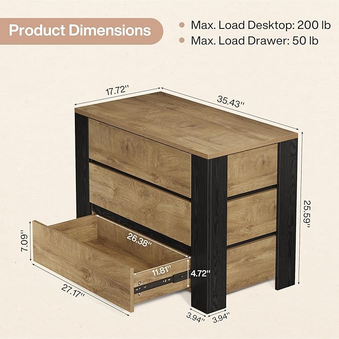 Tribesigns 36" Wide Nightstand Set of 2, Extra Large Night Stand with 3 Drawers, Oversized Nightstand Bedside Table for Bedroom, Farmhouse Side End Table with Storage, Natural