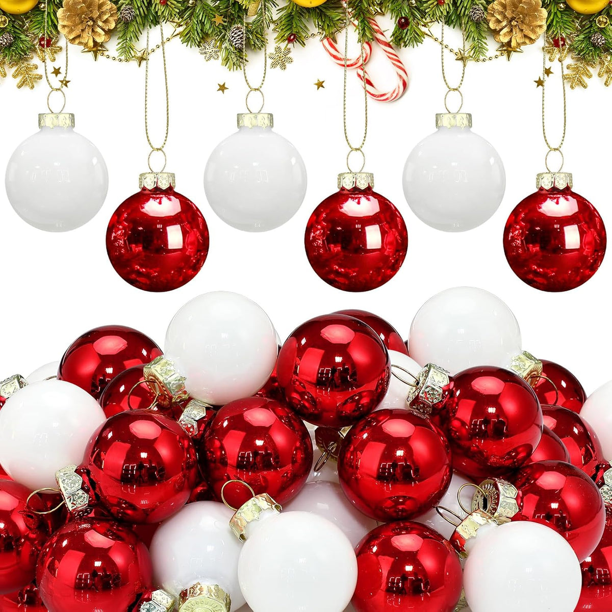 Tioncy 32 Pcs 1 Inch Mini Glass Christmas Ornaments Balls Shiny Christmas Balls Tiny Tree Hanging Decoration Small Colorful Ball Pendant for Xmas Party Supplies(Red, White)