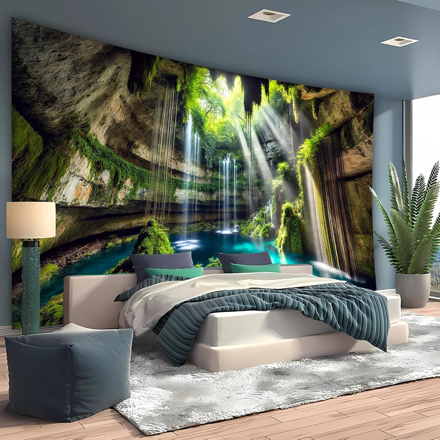 BSFHH Nature Tapestry Forest Tree Sea Cave Wall Hanging, Stream Through Rainforest Landscape Wall Art Tapestry for Bedroom Living room (Fall, 79"×59", Unframed)