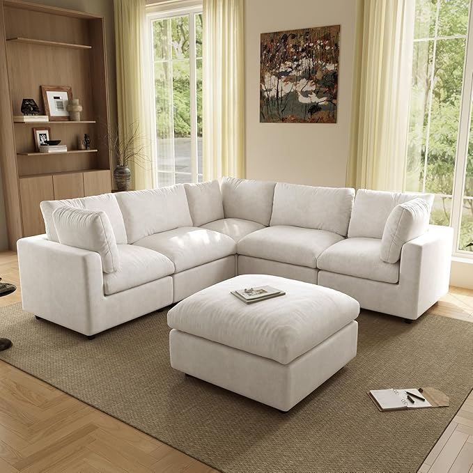 WJShome Modern V Shaped Sectional Couches for Living Room,100 Inch 5-Seater Chenille Deep Seat Modular Sofa with Ottoman, Cloud Couch for Bedroom and Apartment，Beige