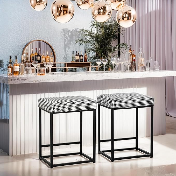 MAISON ARTS Bar Stools Set of 2 | Counter Height Bar Stools for Kitchen Island | 24" Backless Modern Bar Height Stools with Black & White Houndstooth Pattern