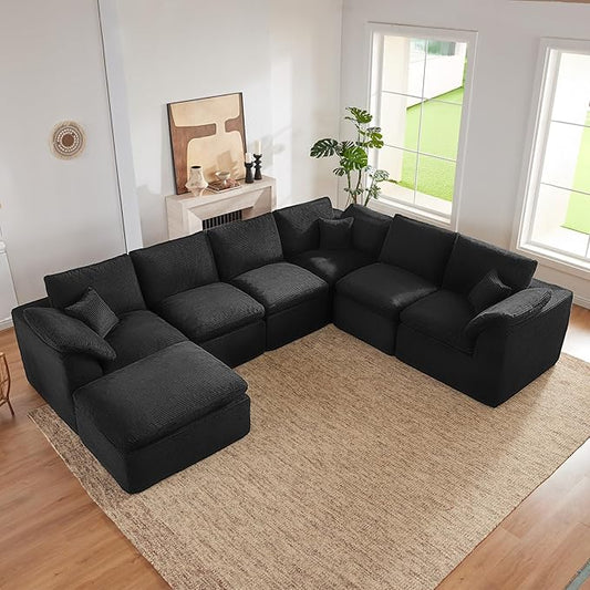 143" Cloud Sectional Couch, Boneless couches for Living Room, 7 Seater Large Modular Sectional Sofa with Deep Seat, Comfy Soft Cushions, No Assembly, Black