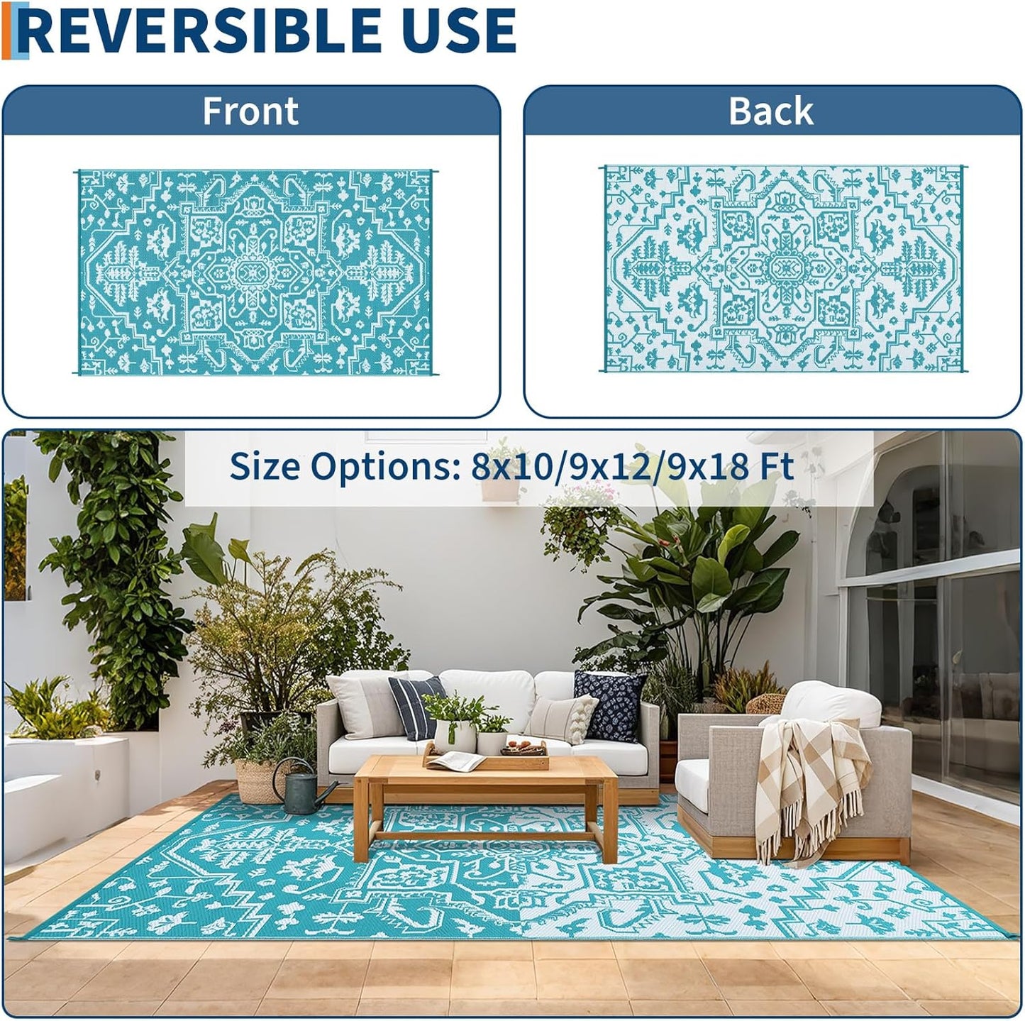 Outdoor Rug 9x12 Waterproof Reversible Plastic Straw Patio Rug, Stain-Resistant Vintage Medallion Carpet, Large Easy-Cleaning Indoor Outdoor RV Mat for Deck, Camping, Balcony, Light Blue/White